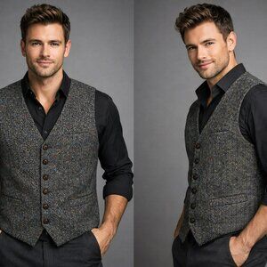 Mens Herringbone Tweed Waistcoat Vest By Voboom L Wool Blend Adjustable Back